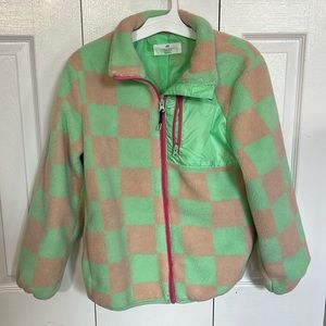 Green and Tan Checkered Sherpa Jacket